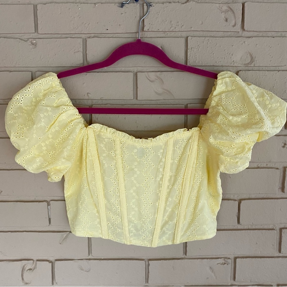 Buttery Yellow Corset Women's XS Eyelet Boned Cottagecore Soft Girl Milk Maid